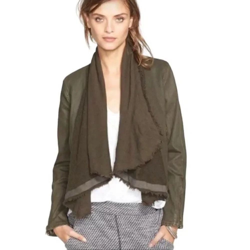 Free People Coated Denim & Knit Sweater Draped Front Moto Jacket 8